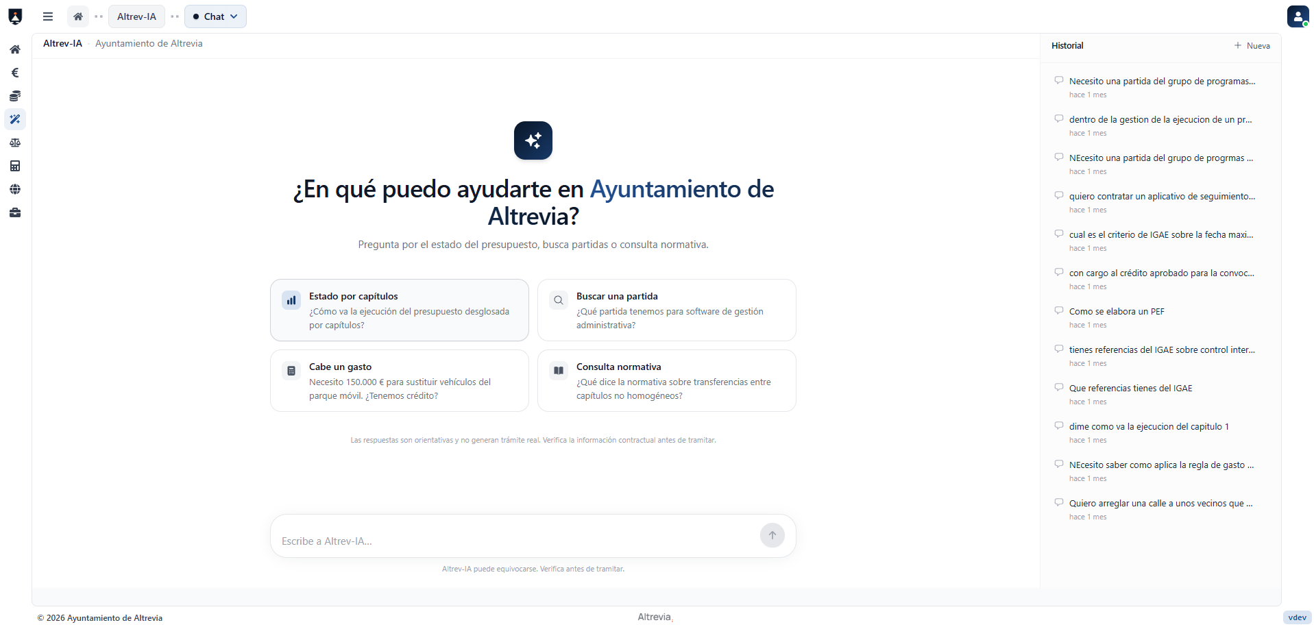 Altrev-IA · pantalla de inicio del chat