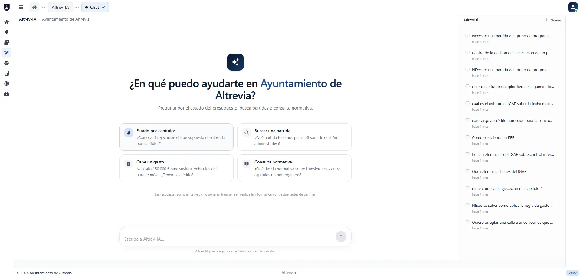 Altrev-IA · pantalla de inicio del chat
